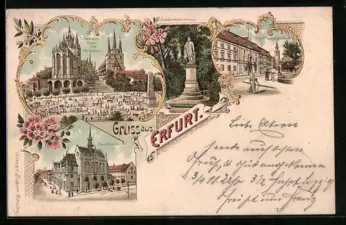 Lithographie Erfurt, Dom und Severi-Kirche und Marktleben, Rathaus, Reicharddenkmal