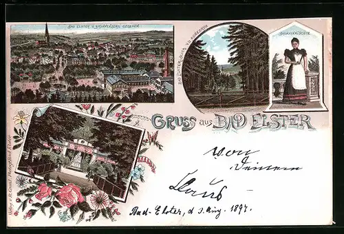 Lithographie Bad Elster, Teilansicht v. Brunnenberg gesehen, Blick v. d. Agnesruh, Brunnenmädchen