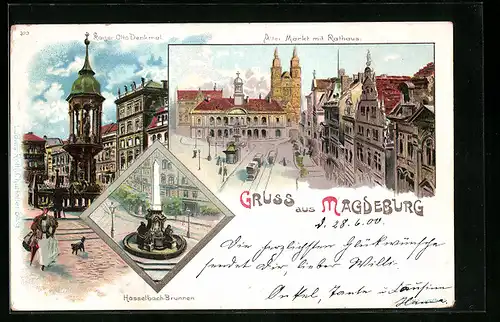 Lithographie Magdeburg, Alter Markt mit Rathaus, Kaiser Otto-Denkmal, Hasselbach-Brunnen