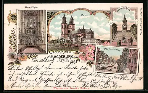 Lithographie Magdeburg, Dom, Chor, Kriegerdenkmal