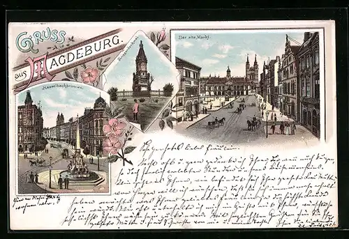 Lithographie Magdeburg, Der alte Markt, Hasselbachbrunnen, Kriegerdenkmal