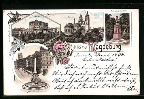 Lithographie Magdeburg, Dom, Theater, Hasselbach-Brunnen