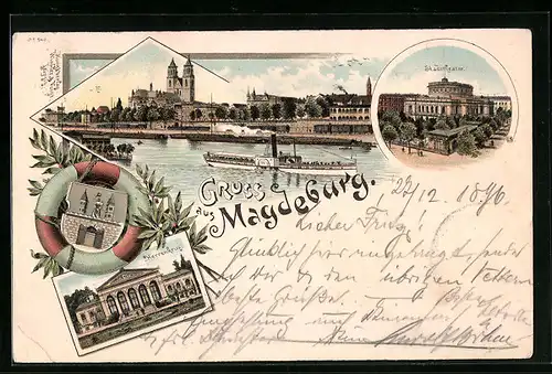 Lithographie Magdeburg, Stadttheater, Herrenkrug, Uferpartie mit Dampfer