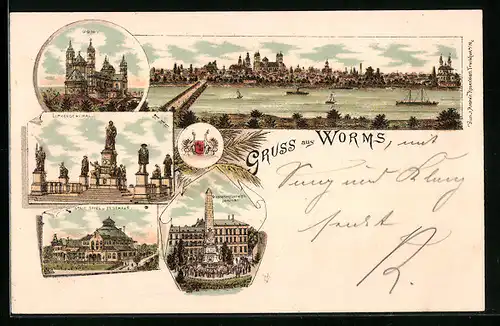 Lithographie Worms, Städtisches Spiel- und Festhaus, Dom, Lutherdenkmal