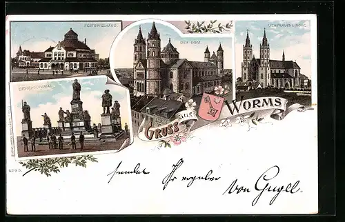 Lithographie Worms, Festspielhaus, Dom, Liebfrauenkirche