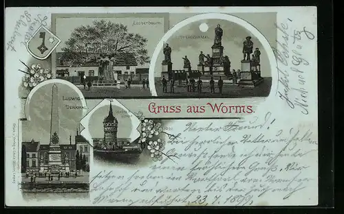 Mondschein-Lithographie Worms, Lutherbaum, Wasserturm, Lutherdenkmal