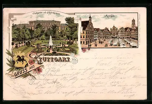 Lithographie Stuttgart, Stadtgarten und Polytechnikum, Marktplatz