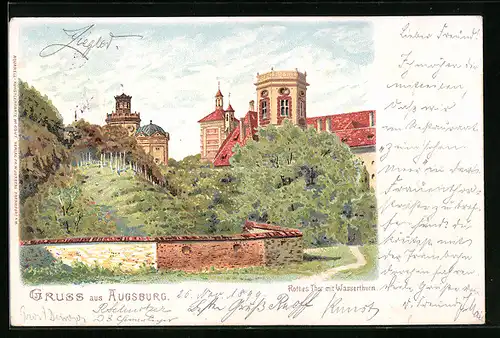 Lithographie Augsburg, Rotes Tor mit Waserturm