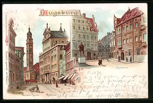 Lithographie Augsburg, Rathaus und Perlach-Turm, Museum mit Fugger-Denkmal