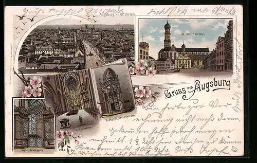 Lithographie Augsburg, St. Ulrichkirche, Innenansicht, Portal