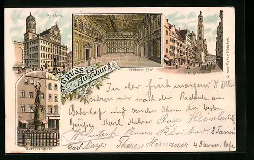 Lithographie Augsburg, Rathaus, Goldener Saal, Perlachturm