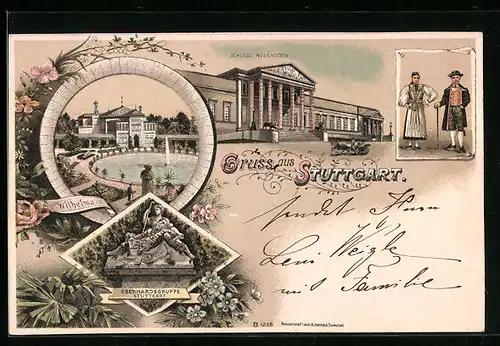 Lithographie Stuttgart, Schloss Rosenstein, Wilhelma, Eberhardsgruppe