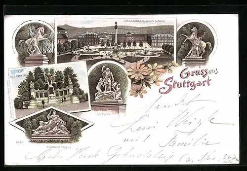 Lithographie Stuttgart, Schlossplatz mit neuem Schloss, Karl-Olga-Denkmal, Eberhard-Gruppe