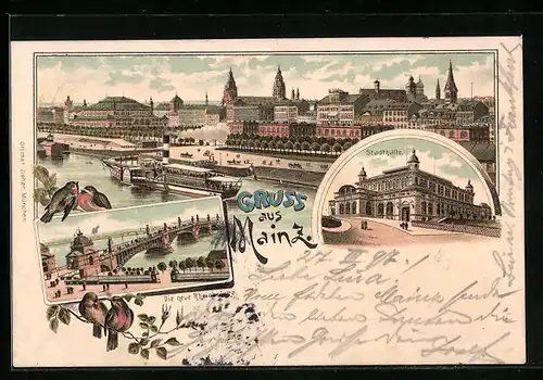 Lithographie Mainz, Panorama mit Dampfer, Stadthalle, Rheinbrücke
