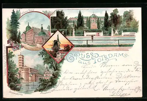Lithographie Potsdam, Sanssouci, Friedenskirche, Windmühle