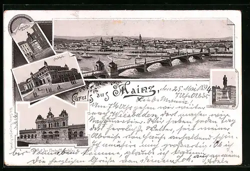 Lithographie Mainz, Ortsansicht mit Brücke, Stadthalle