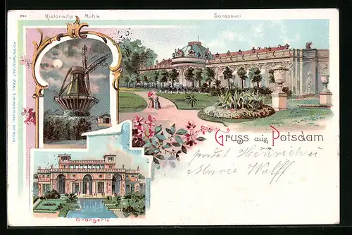 Lithographie Potsdam, Historische Mühle bei Vollmond, Sanssouci