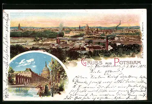 Lithographie Potsdam, Teilansicht aus der Vogelschau, Ortspartie