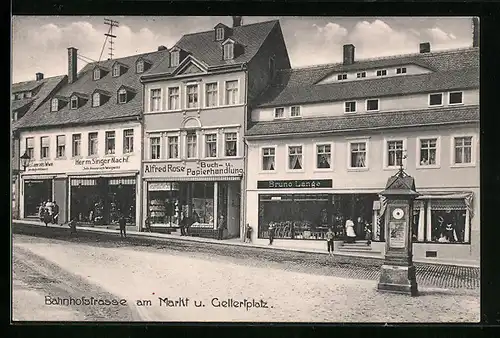 AK Hainichen, Bahnhofstrasse am Markt und Gellertplatz, Wettersäule