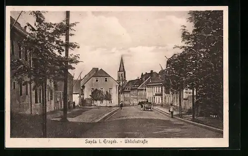 AK Sayda /Erzgeb., Uhlichstrasse mit Ochsenwagen und Kirche
