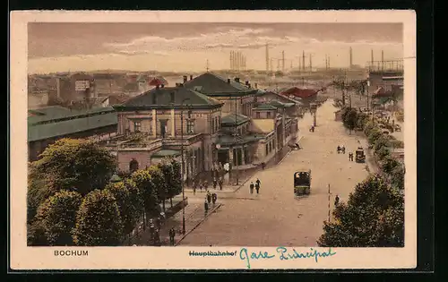 AK Bochum, Strassenpartie mit Hauptbahnhof aus der Vogelschau