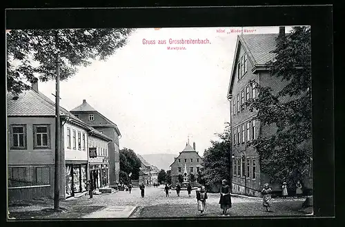 AK Grossbreitenbach, Marktplatz mit Geschäften und Denkmal