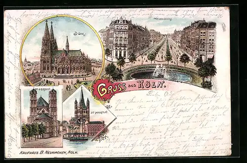 Lithographie Köln, Hohenstaufenring, Dom, St. Martin