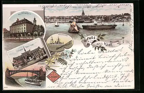 Lithographie Kiel, Ortsansicht von Gaarden aus, Schloss, Kriegsschiff