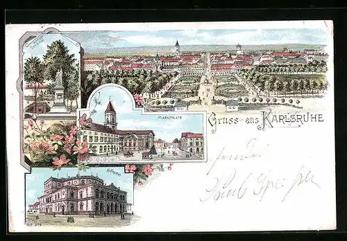 Lithographie Karlsruhe, Ortsansicht mit Schlossanlagen, Marktplatz, Hoftheater