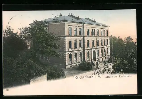 AK Reichenbach i. V., Städtische Realschule aus der Vogelschau