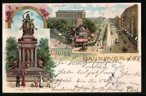 Lithographie Hannover, Strassenpartie mit Hoftheater und Cafe Kröpcke aus der Vogelschau, Krieger-Denkmal