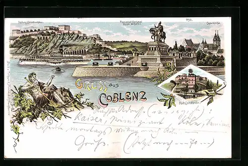 Lithographie Coblenz, Panorama mit Ehrenbreitstein, Provinzial-Denkmal und Castorkirche, Fort Constantin