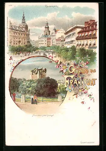 Lithographie Frankfurt am Main, Rossmarkt, Hessendenkmal