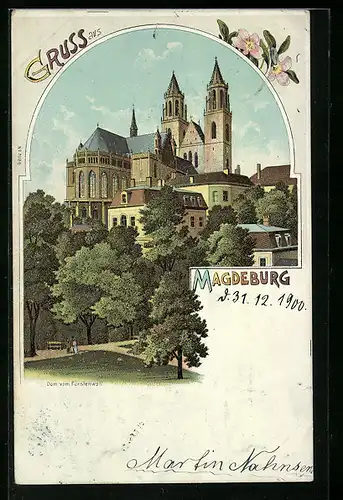 Lithographie Magdeburg, Dom vom Fürstenwall