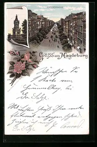 Lithographie Magdeburg, Blick in die Kaiserstrasse, Krieger-Denkmal