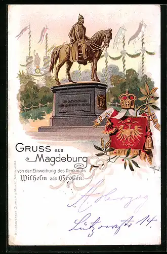 Lithographie Magdeburg, Einweihung des Denkmals Wilhelm des Grossen, Wappen