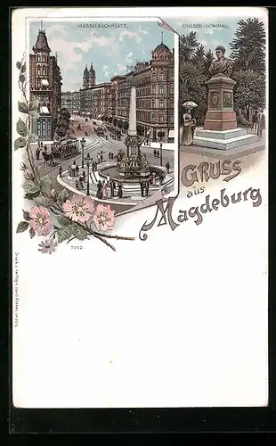 Lithographie Magdeburg, Hasselbachplatz, Friesen-Denkmal