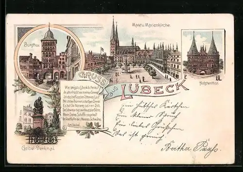 Lithographie Lübeck, Markt und Marienkirche, Holstenthor, Burgthor, Geibel-Denkmal