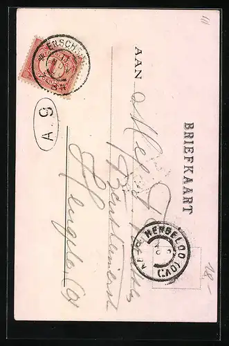 Lithographie Frau schiebt ihr Fahrrad neben einem Jäger her