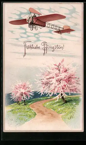 Präge-AK Flugzeug über blühenden Kirschbäumen, Pfingstgruss