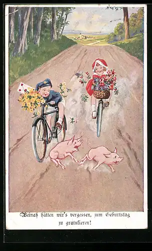 Künstler-AK Beinah hätten wir`s vergessen zum Geburtstag zu gratulieren!, Kinder auf Fahrrädern