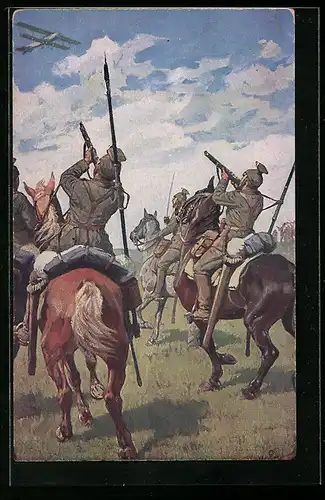 Künstler-AK Ulanen beschiessen ein feindliches Flugzeug