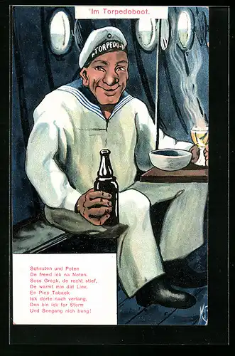 Künstler-AK Im Torpedoboot, Matrose mit Grogk in der Messe