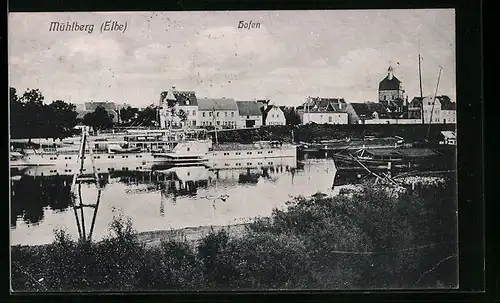 AK Mühlberg /Elbe, Hafen mit Dampfer
