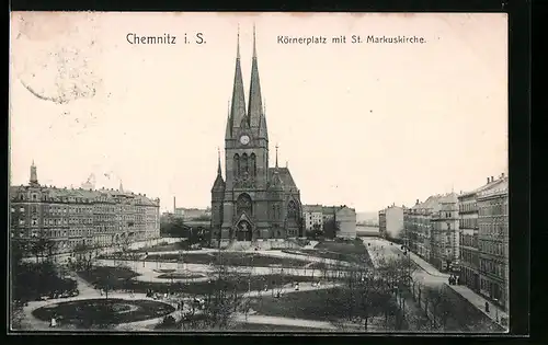 AK Chemnitz i. S., Körnerplatz mit St. Mrkuskirche