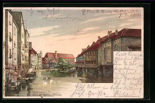 Lithographie Erfurt, Blick von der Rathausbrücke