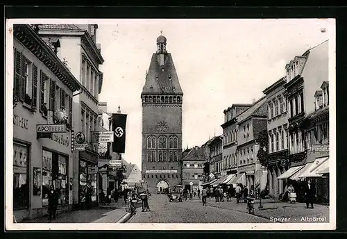 AK Speyer, Altpörtel mit Geschäften, Apotheke und 