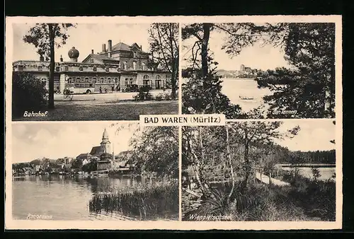 AK Bad Waren /Müritz, Bahnhof, Durchblick von den Tannen, Wienpietschsee