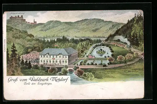 Künstler-AK Metzdorf /Erzgebirge, Hotel am Waldpark und Augustusburg