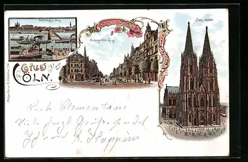 Lithographie Cöln, Hohenzollern Ring, Schillingbrücke und Deutz